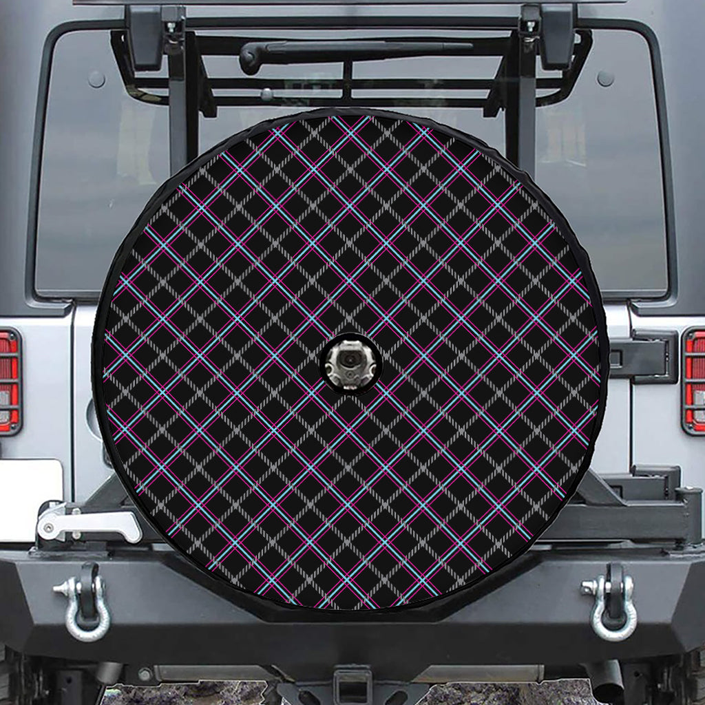 Black Grey Blue And Pink Tartan Print Tire Cover With Camera Hole