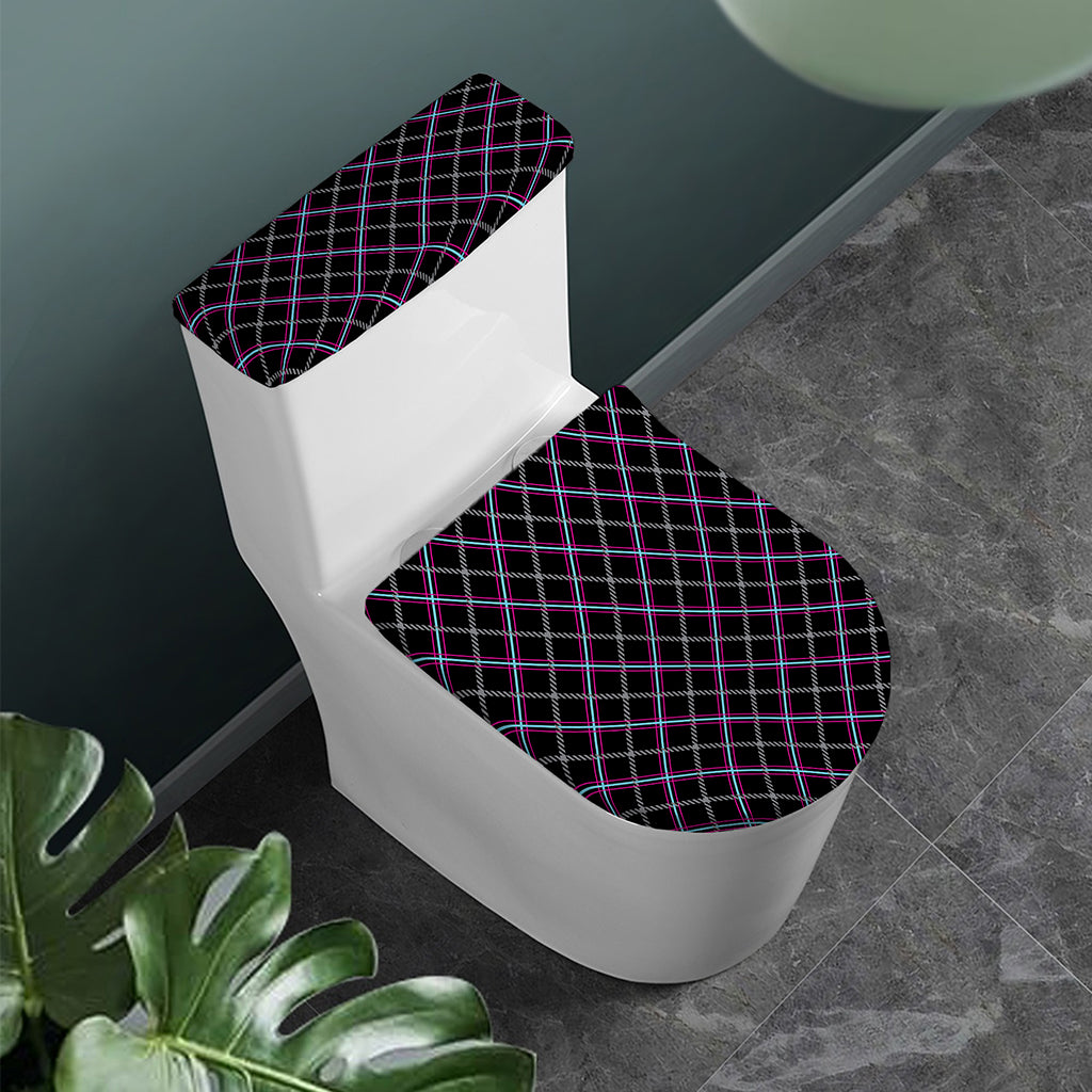 Black Grey Blue And Pink Tartan Print Toilet Lid And Tank Cover Set