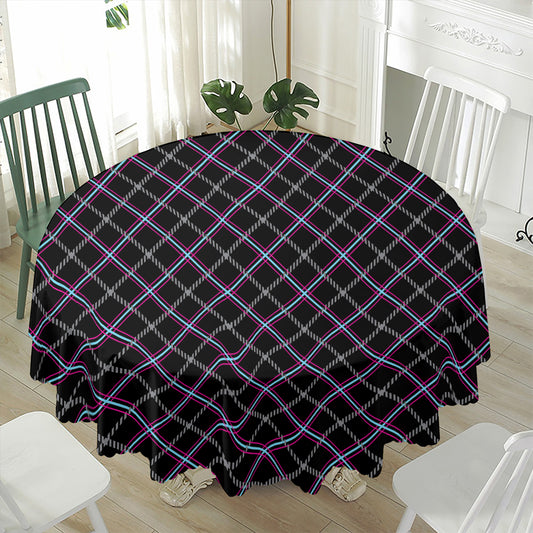 Black Grey Blue And Pink Tartan Print Waterproof Round Tablecloth