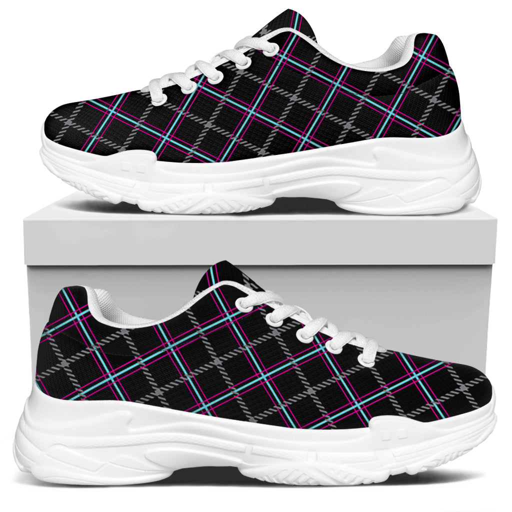 Black Grey Blue And Pink Tartan Print White Chunky Shoes