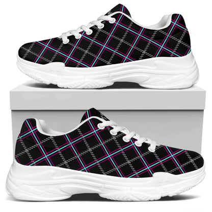 Black Grey Blue And Pink Tartan Print White Chunky Shoes
