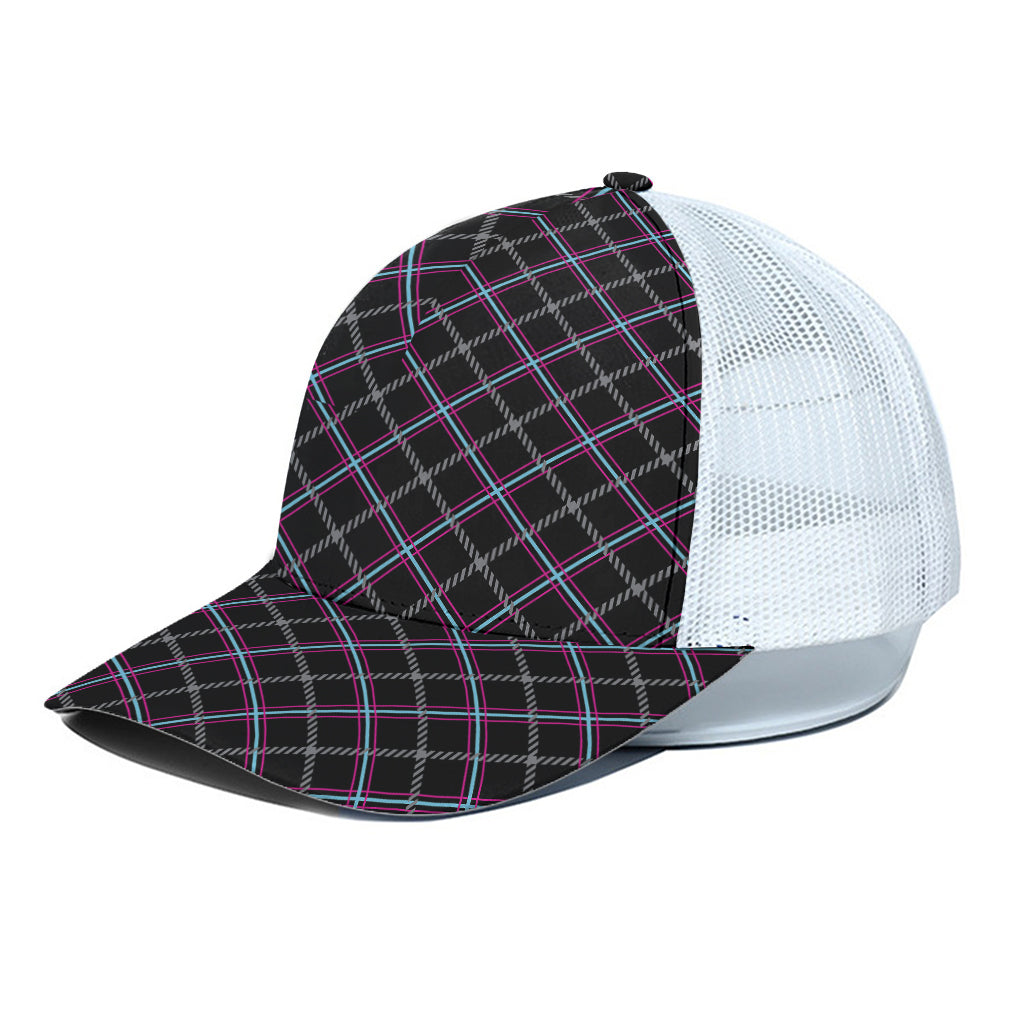 Black Grey Blue And Pink Tartan Print White Mesh Trucker Cap