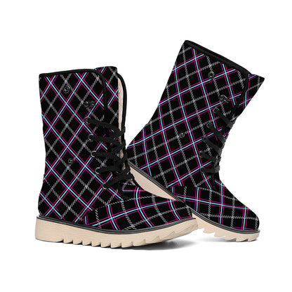 Black Grey Blue And Pink Tartan Print Winter Boots