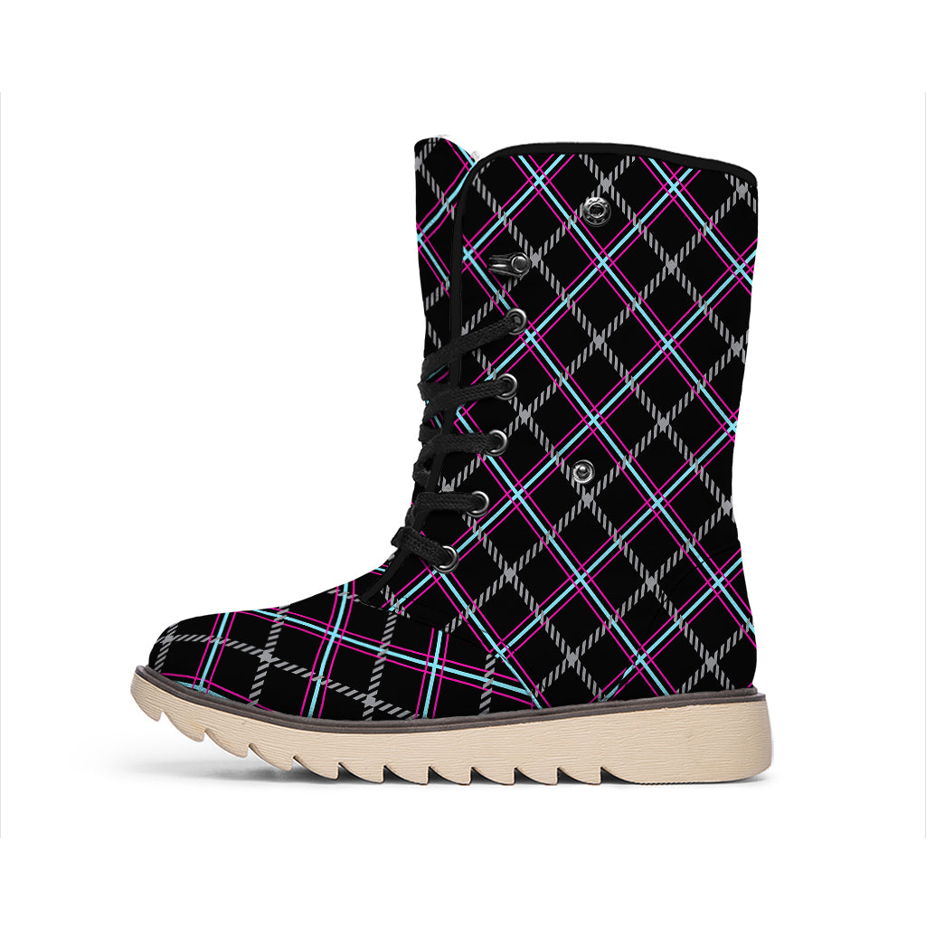 Black Grey Blue And Pink Tartan Print Winter Boots