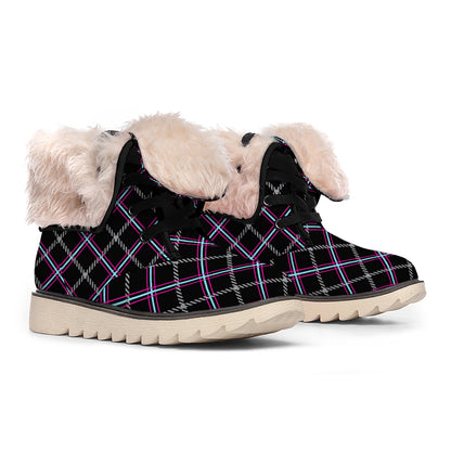 Black Grey Blue And Pink Tartan Print Winter Boots