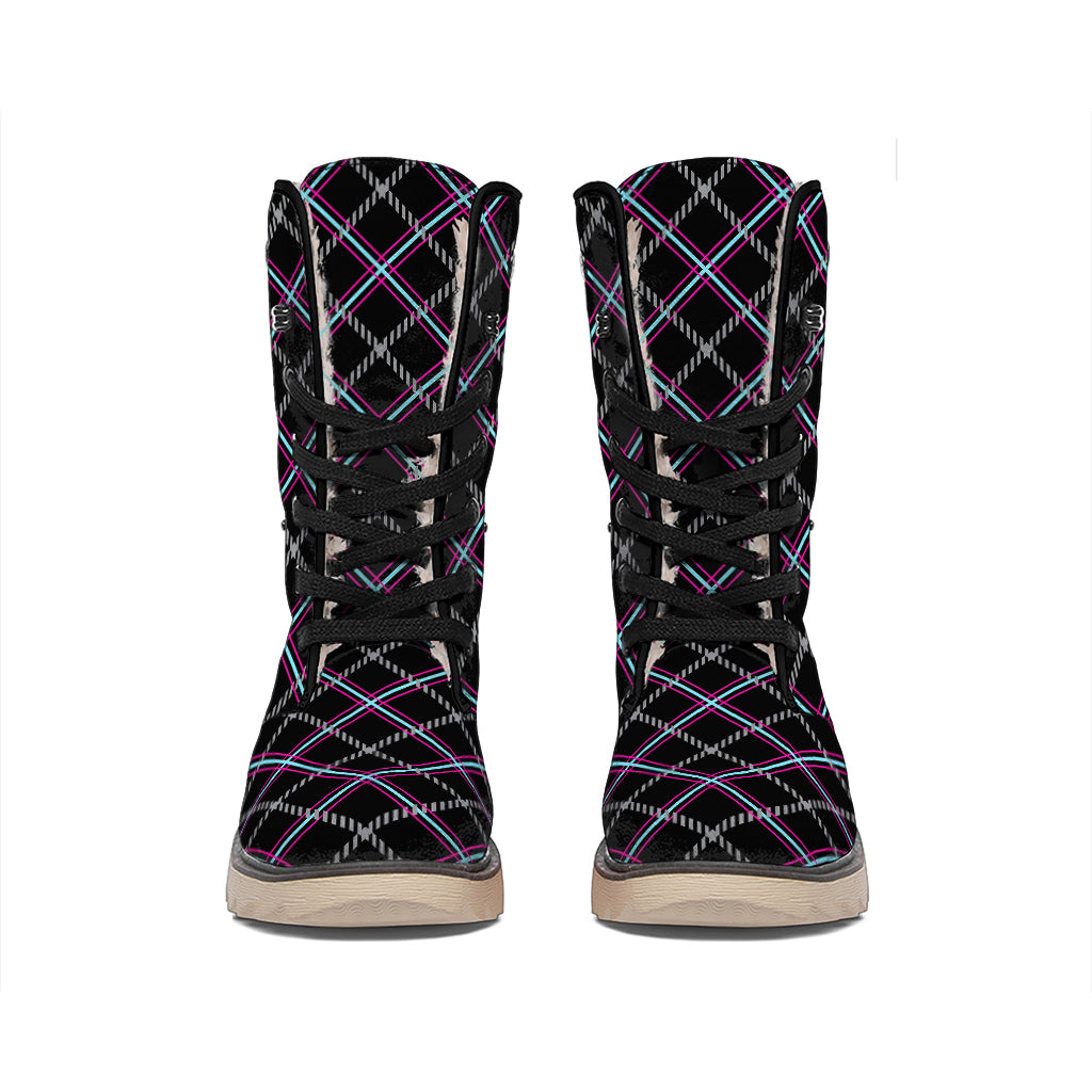 Black Grey Blue And Pink Tartan Print Winter Boots