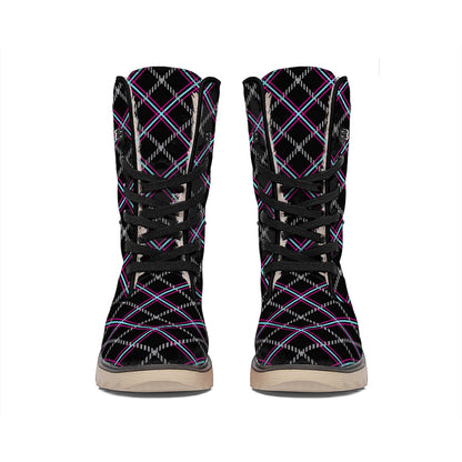 Black Grey Blue And Pink Tartan Print Winter Boots