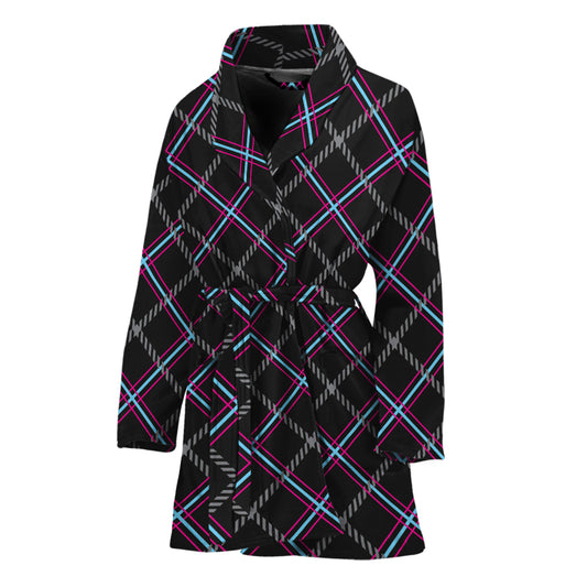 Black Grey Blue And Pink Tartan Print Women's Bathrobe