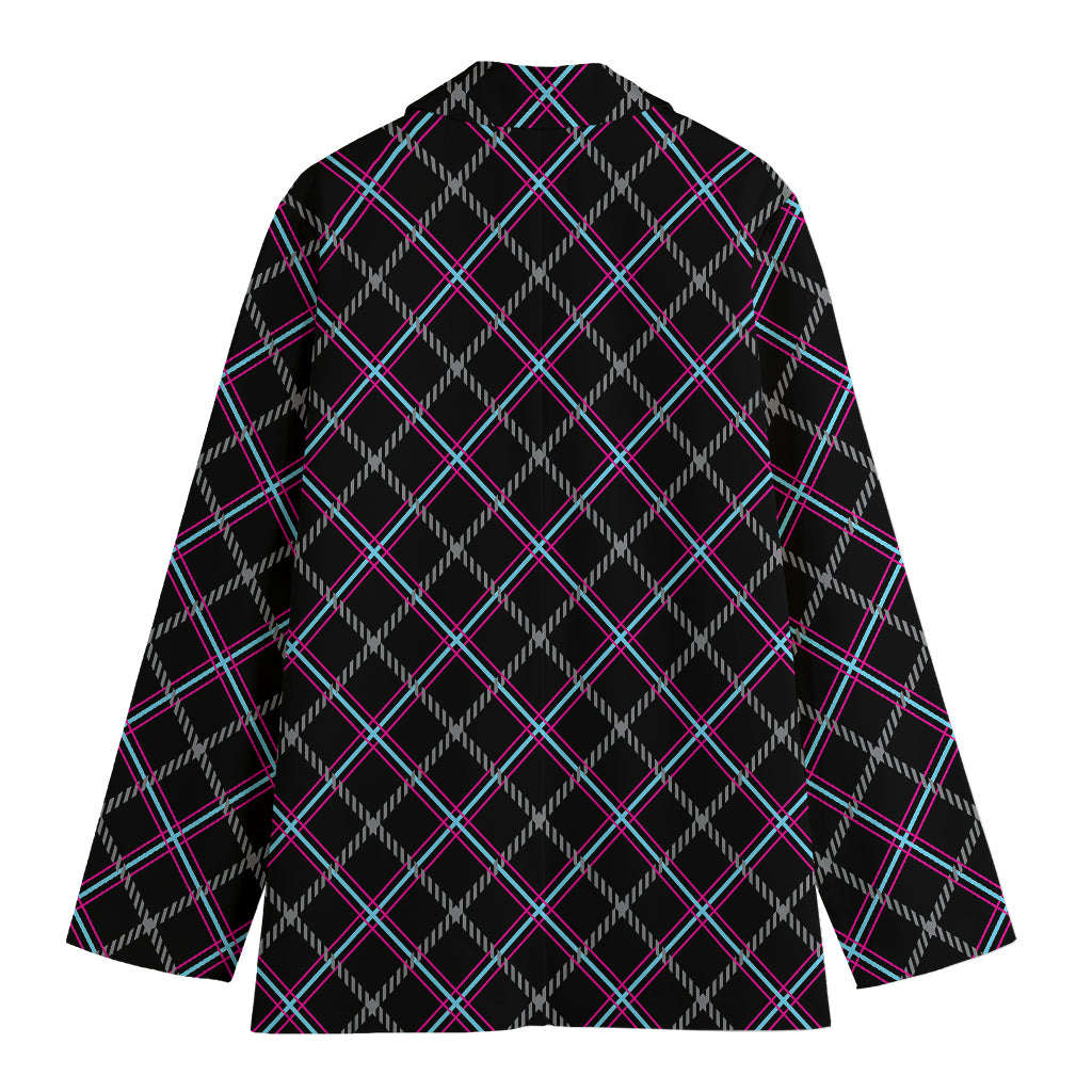 Black Grey Blue And Pink Tartan Print Women's Blazer