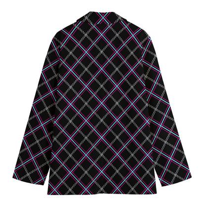 Black Grey Blue And Pink Tartan Print Women's Blazer