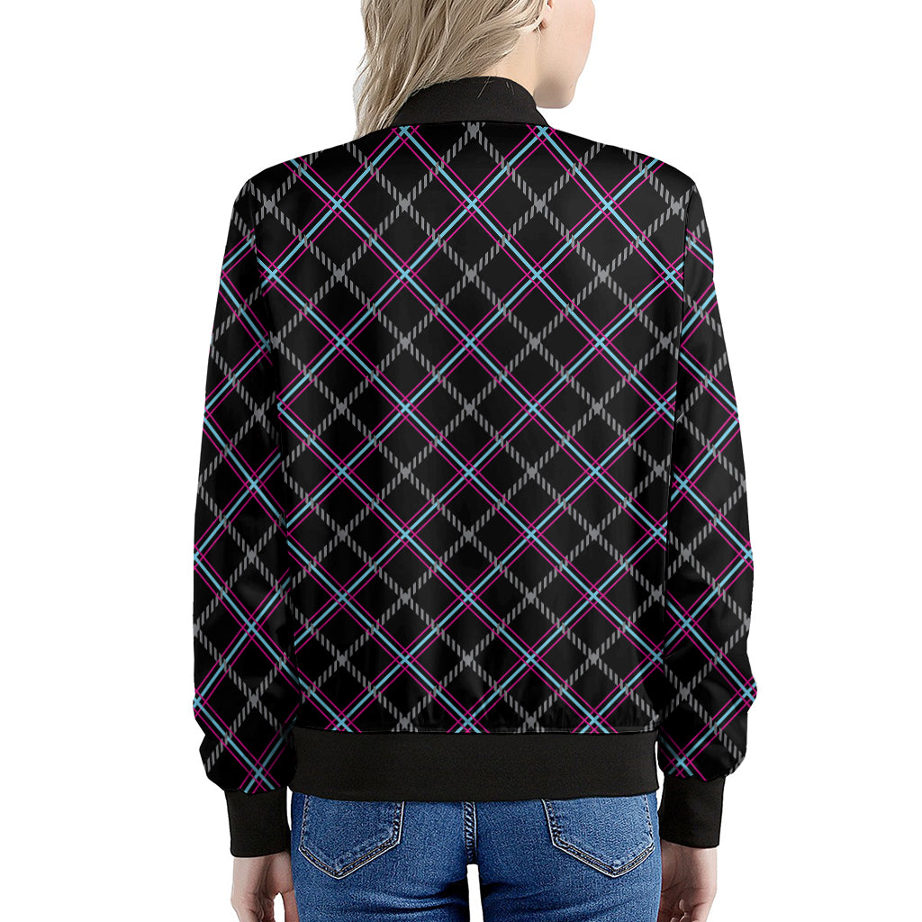 Black Grey Blue And Pink Tartan Print Women's Bomber Jacket