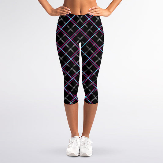 Black Grey Blue And Pink Tartan Print Women's Capri Leggings