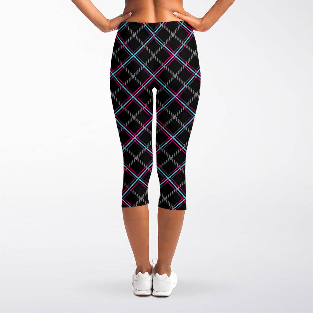 Black Grey Blue And Pink Tartan Print Women's Capri Leggings