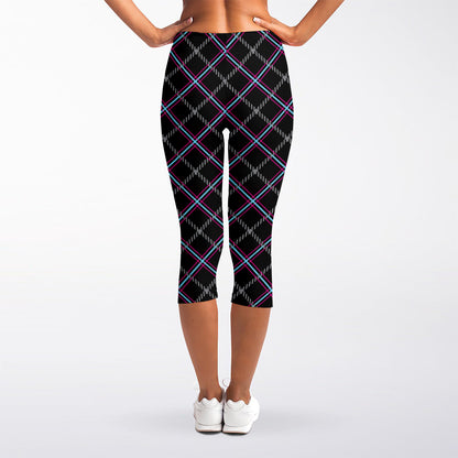 Black Grey Blue And Pink Tartan Print Women's Capri Leggings