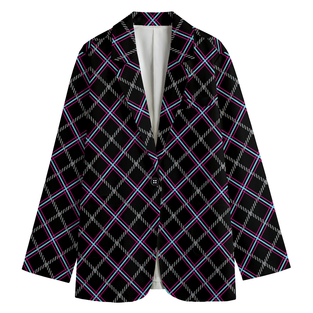 Black Grey Blue And Pink Tartan Print Women's Cotton Blazer