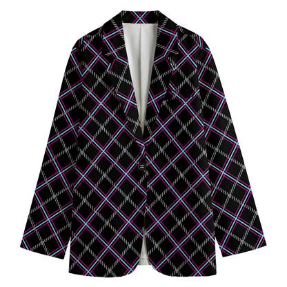 Black Grey Blue And Pink Tartan Print Women's Cotton Blazer