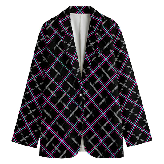 Black Grey Blue And Pink Tartan Print Women's Cotton Blazer
