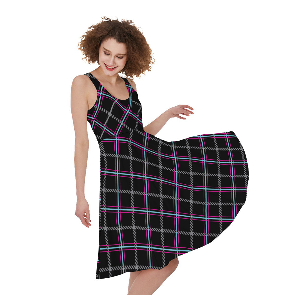 Black Grey Blue And Pink Tartan Print Women's Sleeveless Dress