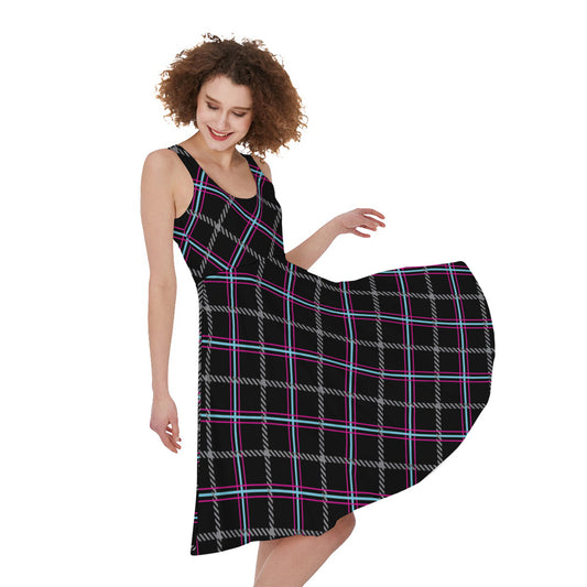 Black Grey Blue And Pink Tartan Print Women's Sleeveless Dress