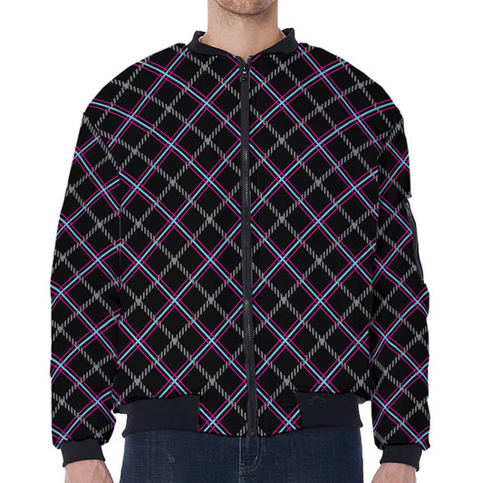 Black Grey Blue And Pink Tartan Print Zip Sleeve Bomber Jacket