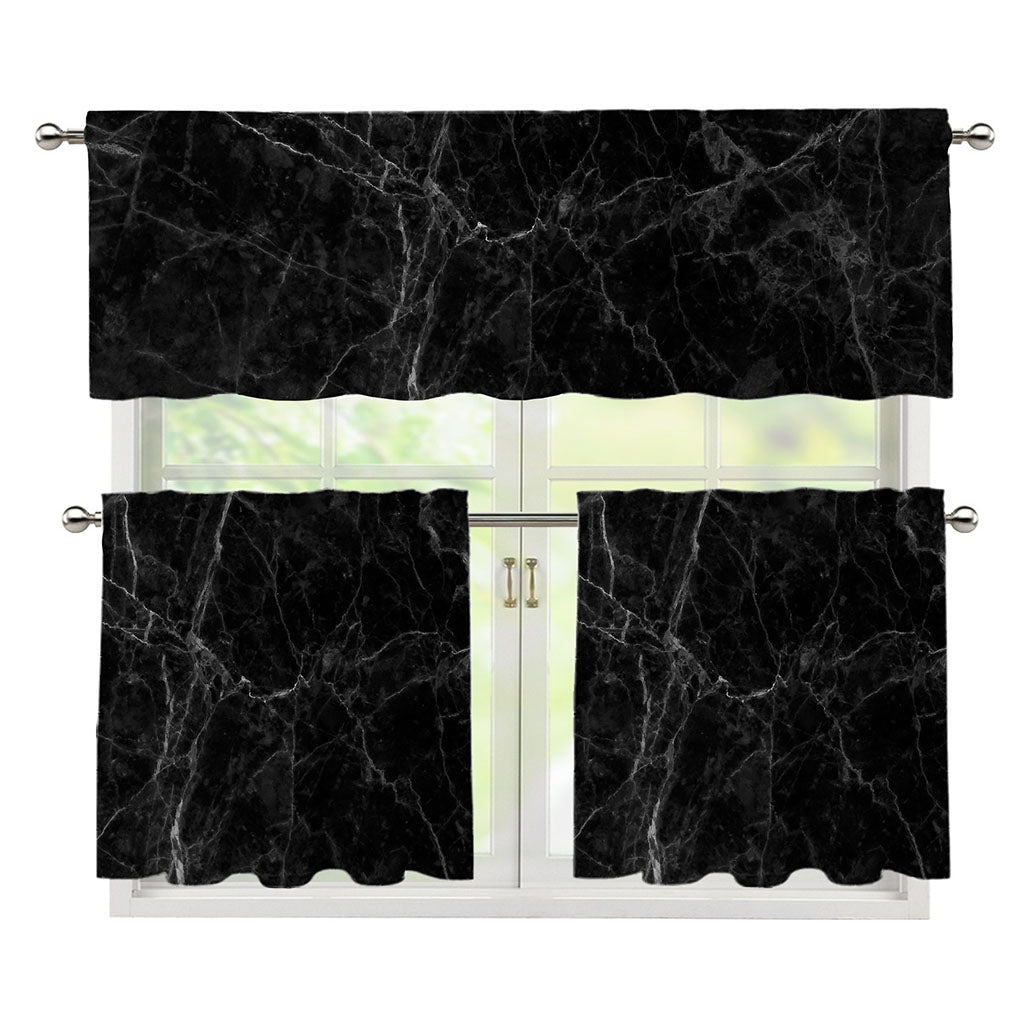 Black Grey Dark Marble Print 3 Piece Kitchen Curtains