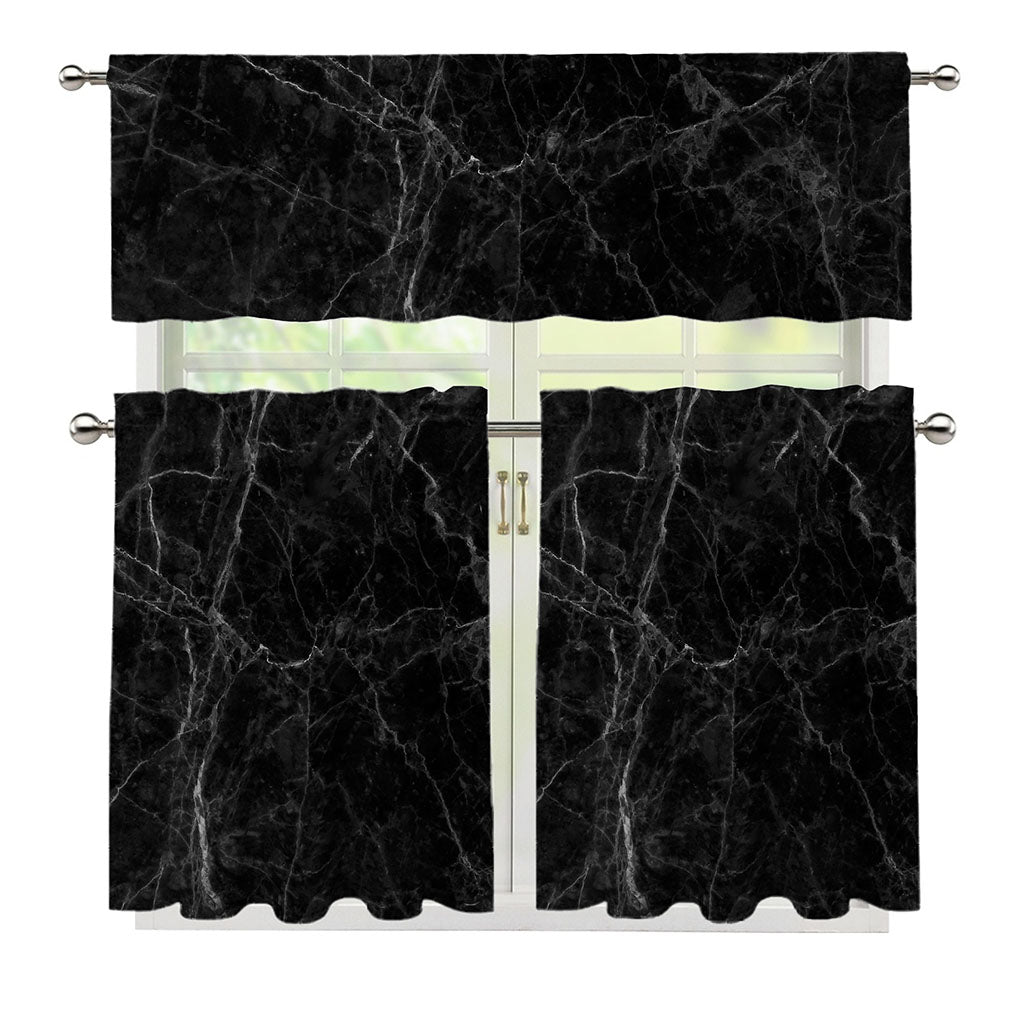Black Grey Dark Marble Print 3 Piece Kitchen Curtains