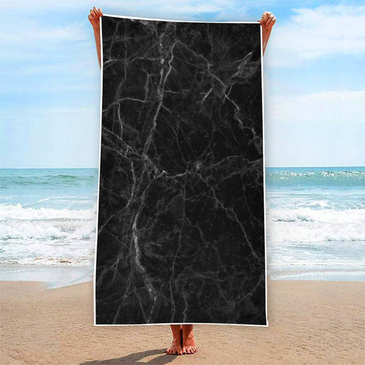 Black Grey Dark Marble Print Beach Towel