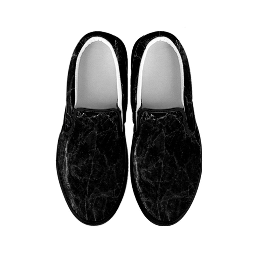 Black Grey Dark Marble Print Black Slip On Sneakers