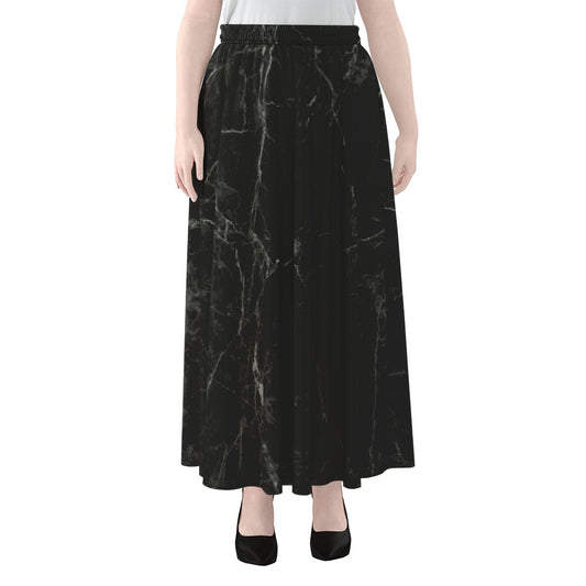 Black Grey Dark Marble Print Chiffon Maxi Skirt