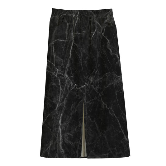 Black Grey Dark Marble Print Cotton Front Slit Maxi Skirt