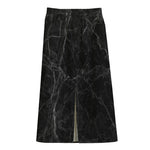 Black Grey Dark Marble Print Cotton Front Slit Maxi Skirt