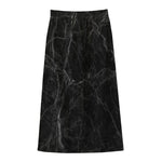 Black Grey Dark Marble Print Cotton Front Slit Maxi Skirt