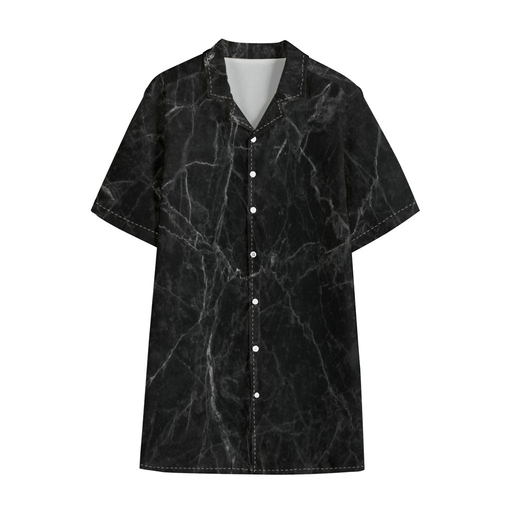 Black Grey Dark Marble Print Cotton Hawaiian Shirt