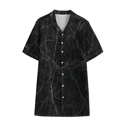 Black Grey Dark Marble Print Cotton Hawaiian Shirt