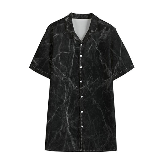 Black Grey Dark Marble Print Cotton Hawaiian Shirt