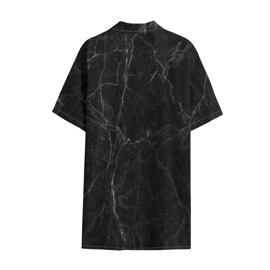 Black Grey Dark Marble Print Cotton Hawaiian Shirt