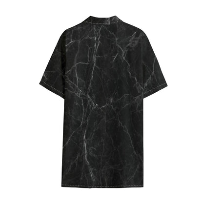 Black Grey Dark Marble Print Cotton Hawaiian Shirt