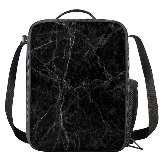 Black Grey Dark Marble Print Crossbody Lunch Bag