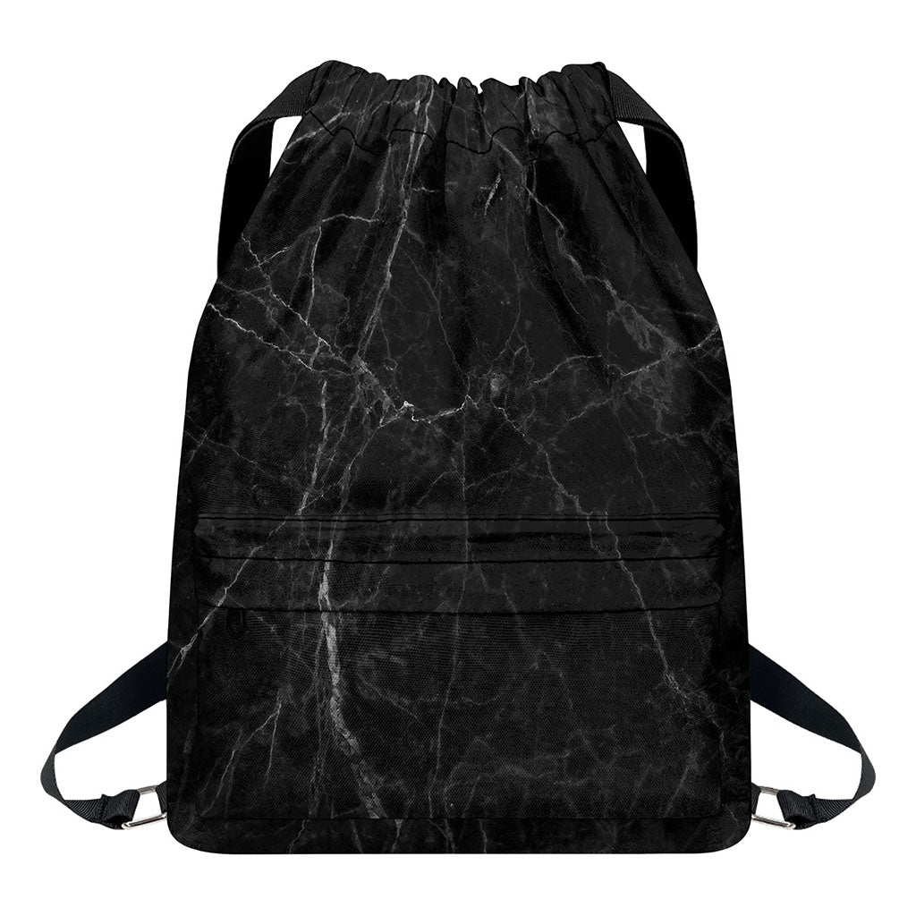 Black Grey Dark Marble Print Drawstring Backpack
