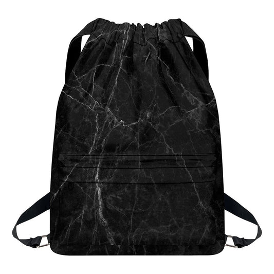 Black Grey Dark Marble Print Drawstring Backpack