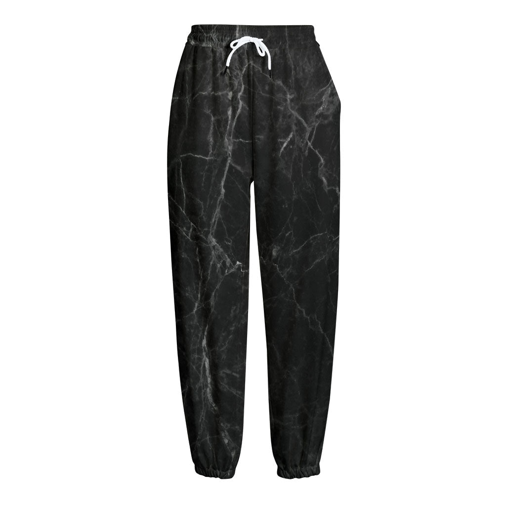Black Grey Dark Marble Print Fleece Lined Knit Pants
