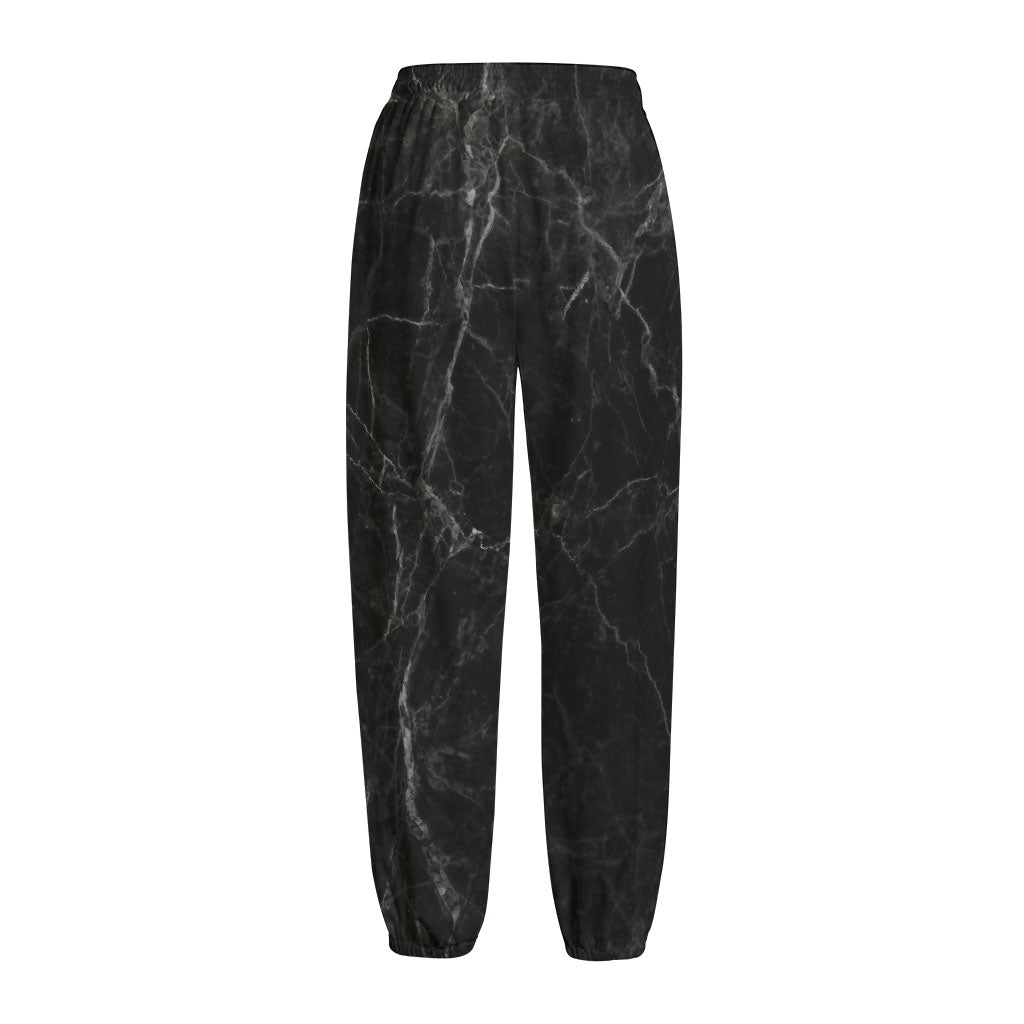 Black Grey Dark Marble Print Fleece Lined Knit Pants