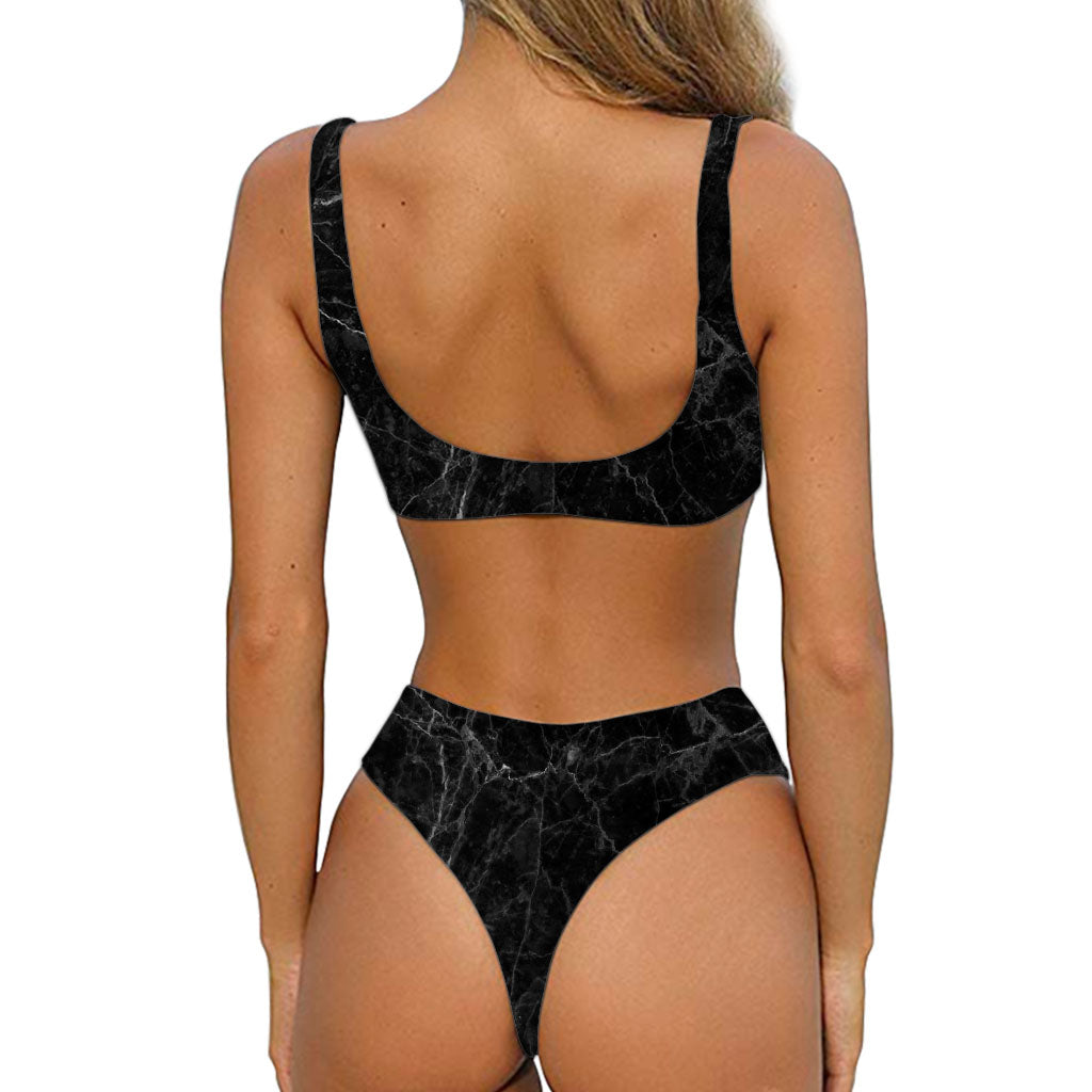 Black Grey Dark Marble Print Front Bow Tie Bikini