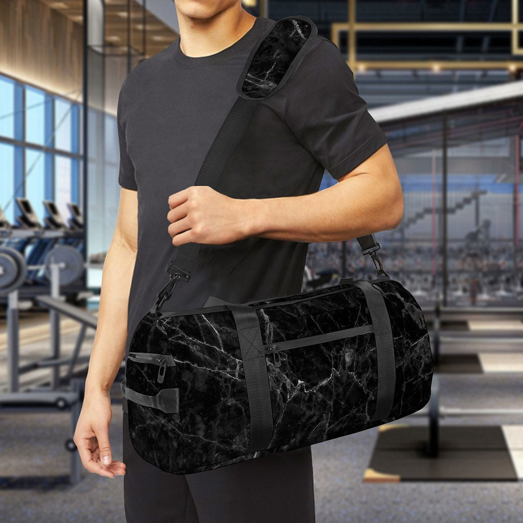 Black Grey Dark Marble Print Gym Bag