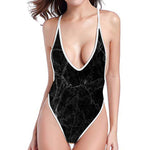 Black Grey Dark Marble Print High Cut One Piece Swimsuit