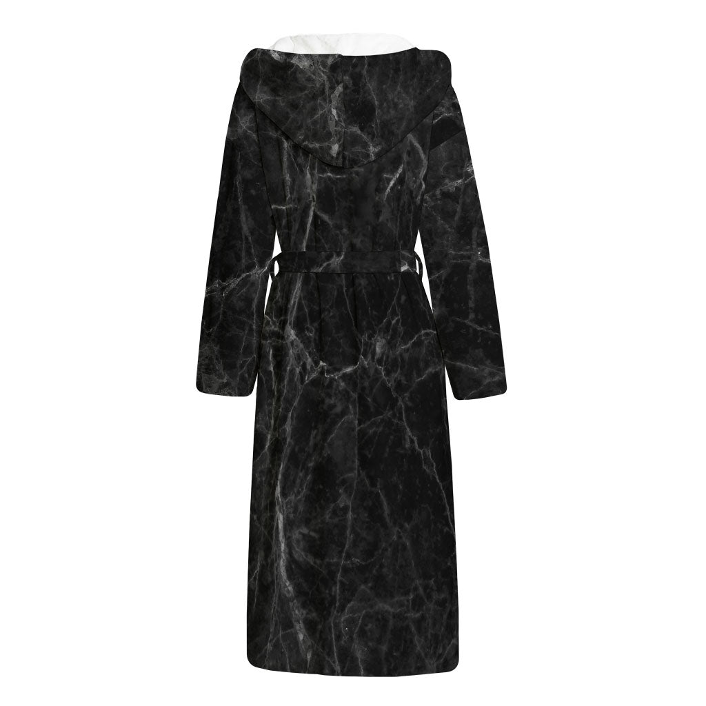 Black Grey Dark Marble Print Hooded Bathrobe