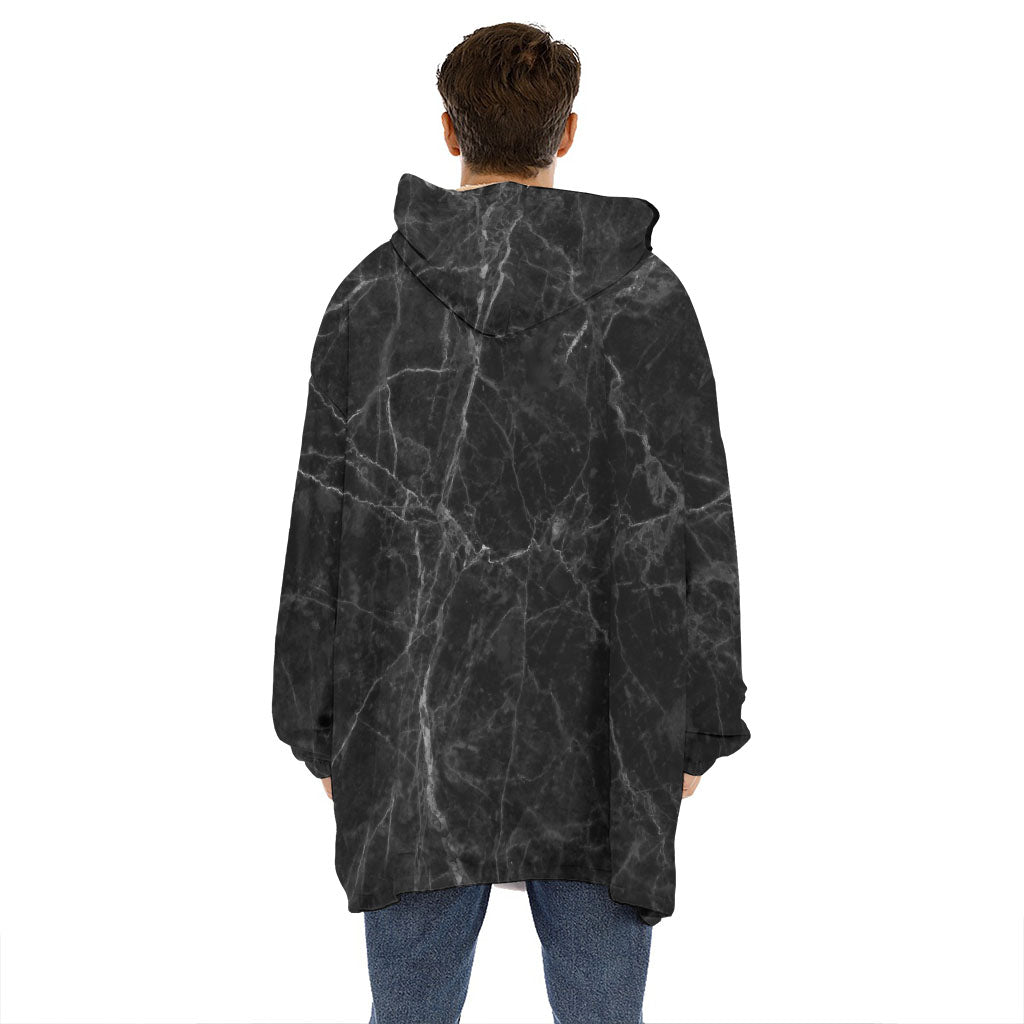 Black Grey Dark Marble Print Hoodie Blanket