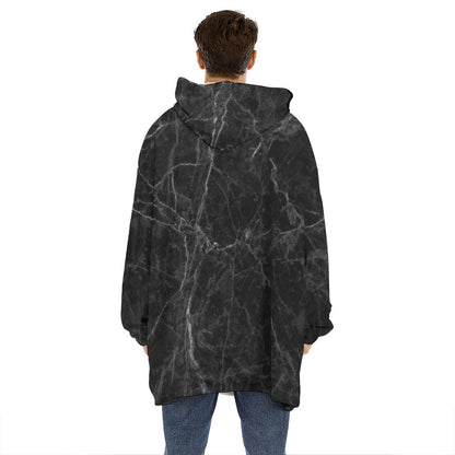 Black Grey Dark Marble Print Hoodie Blanket