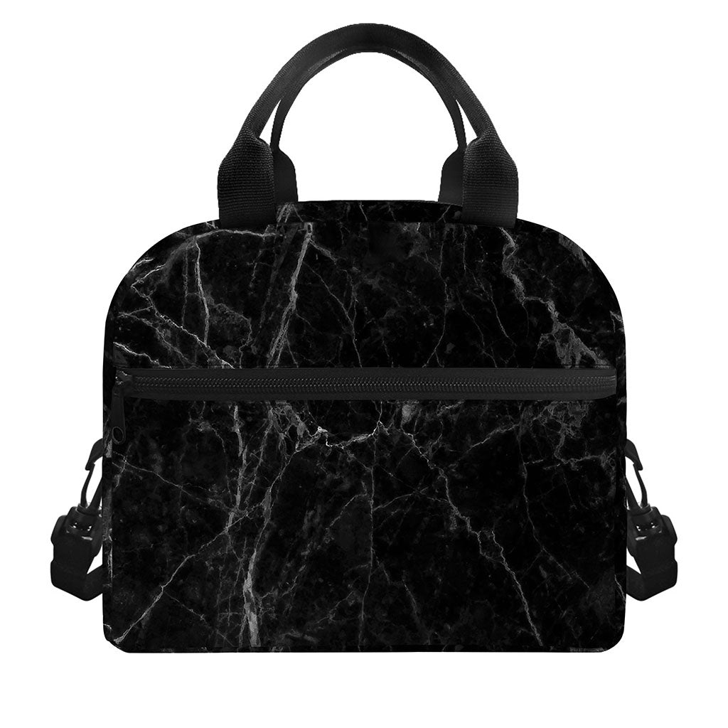 Black Grey Dark Marble Print Insulated Lunch Bag