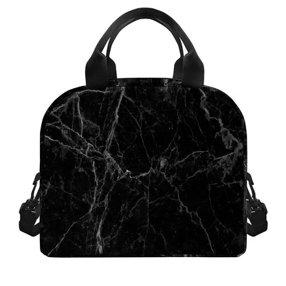 Black Grey Dark Marble Print Insulated Lunch Bag